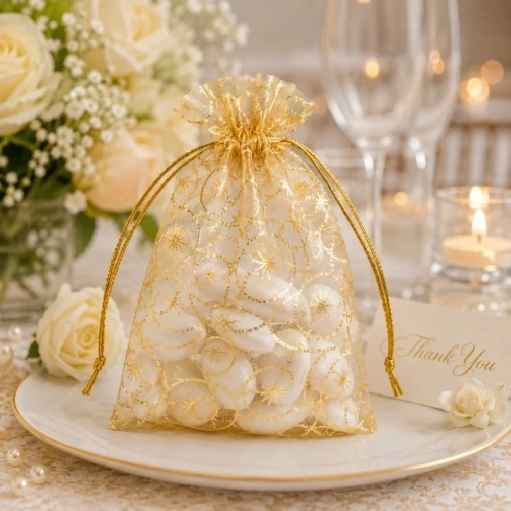 50PCS Gold Organza Gift Bags Drawstring Favor Bags Wedding Jewelry Party 4x4.7
